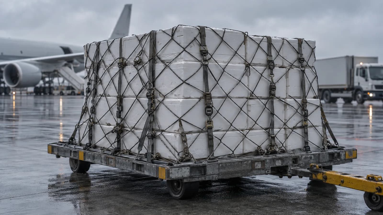Ein mit Netz gesicherter Stapel Styroporkisten auf einem Luftfracht-Rollwagen auf nassem Vorfeld, dahinter ein Flugzeug