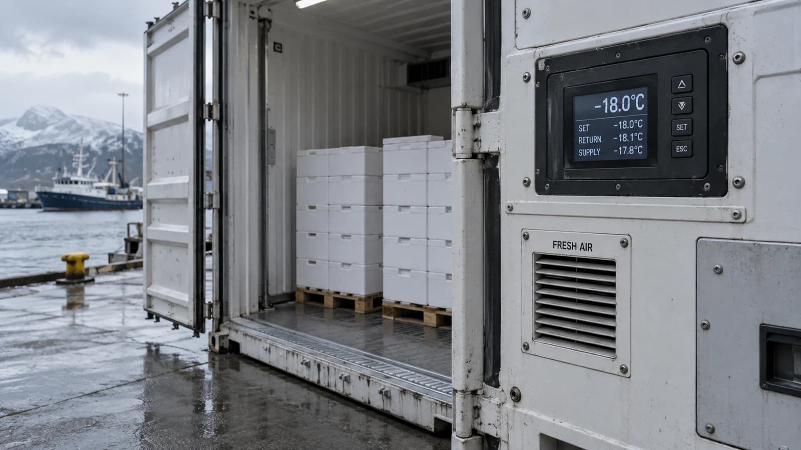 Das Bedienfeld eines geöffneten Kühlcontainers am Kai mit einer Solltemperatur von −18 °C