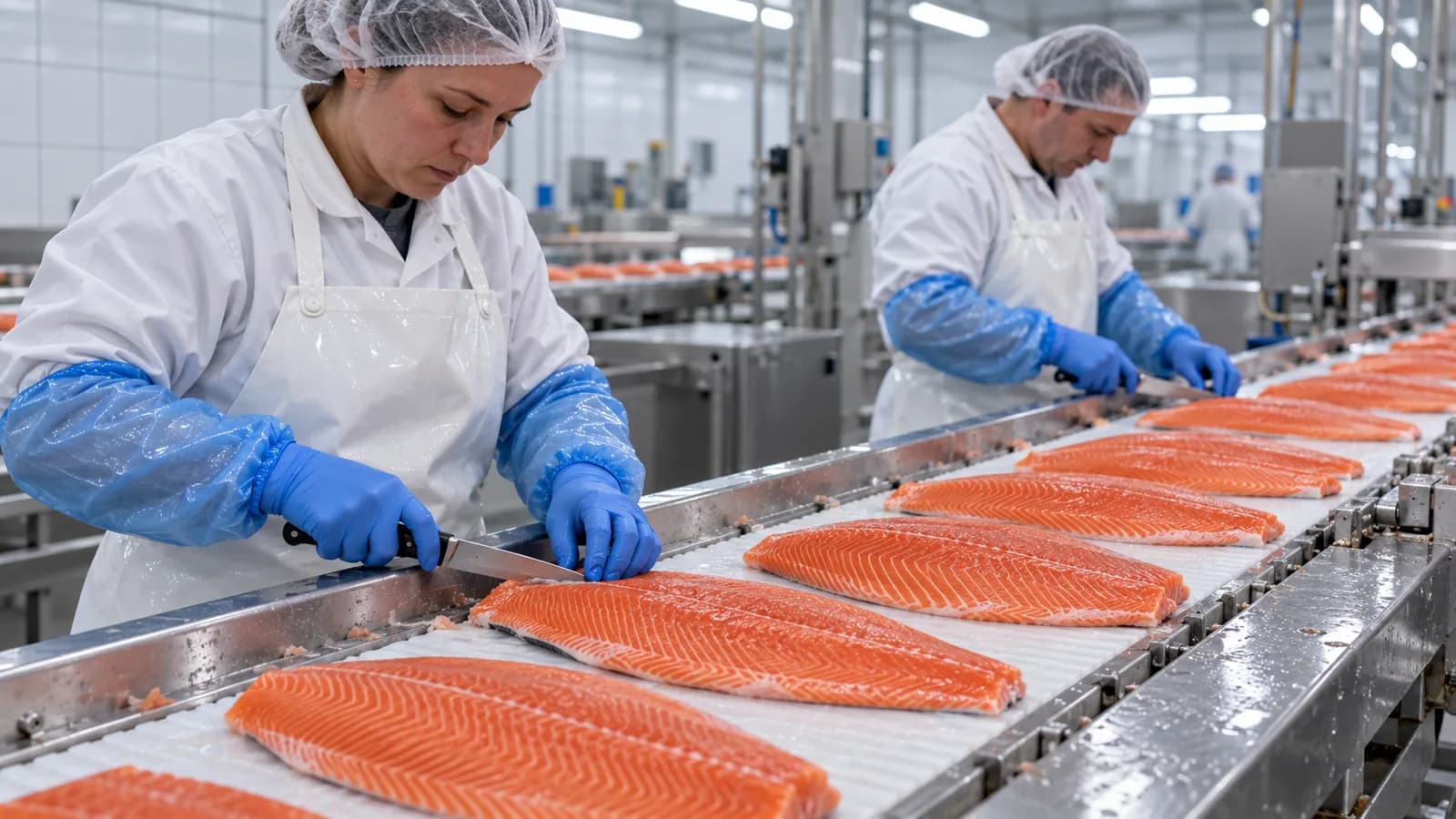 Getrimmte Atlantiklachsfilets auf einer Verarbeitungslinie, eine Mitarbeiterin prüft den Trim mit dem Messer