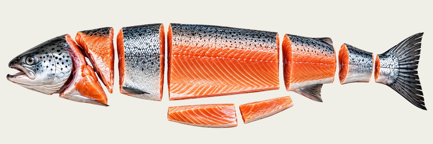 Ein ganzer Atlantiklachs, von Kopf bis Schwanz in seine Hauptabschnitte zerlegt, mit der Herkunft jedes Handels-Cuts